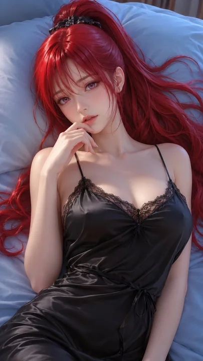 Red-haired woman satin nightgown bedroom 3D rendering