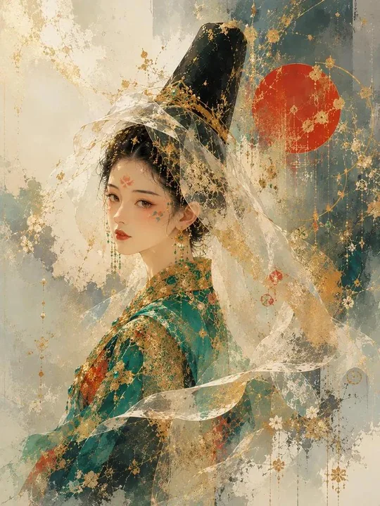 超细节空灵东亚公主韩服水彩肖像