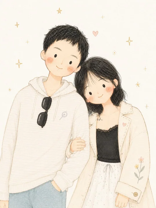 Cute minimalist anime couple watercolor painting