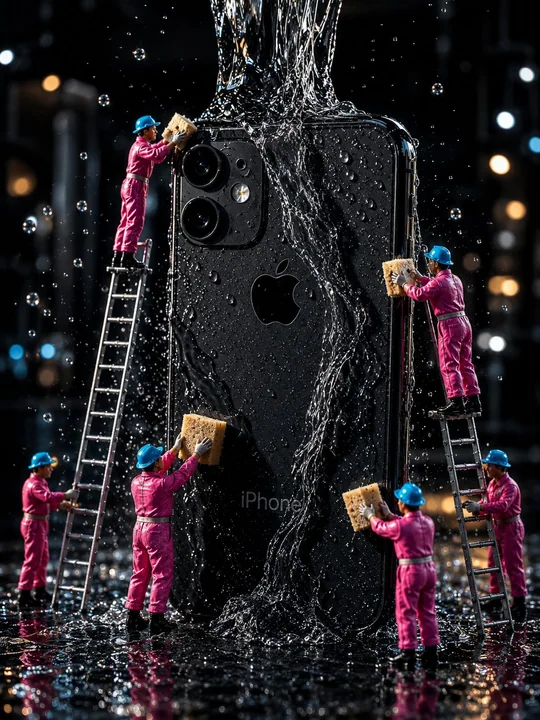 Черный iPhone, сцена уборки с миниатюрными рабочими
