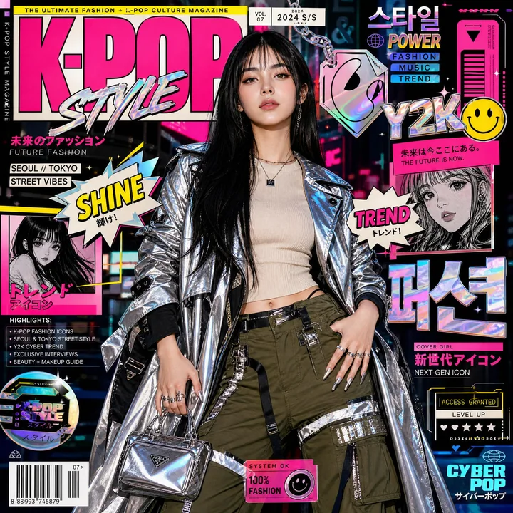 高度风格化的K-pop时尚杂志封面，未来街头风