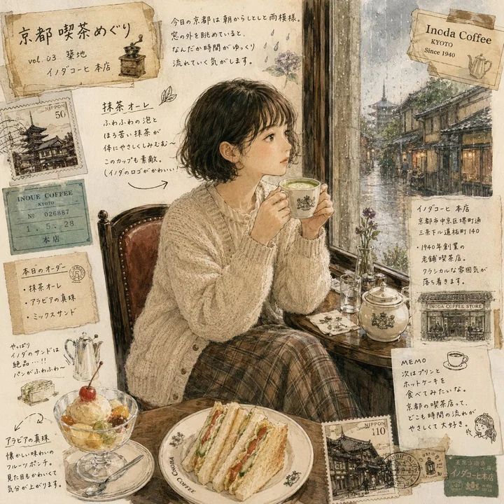 京都雨中咖啡馆日本女性复古写真与插画