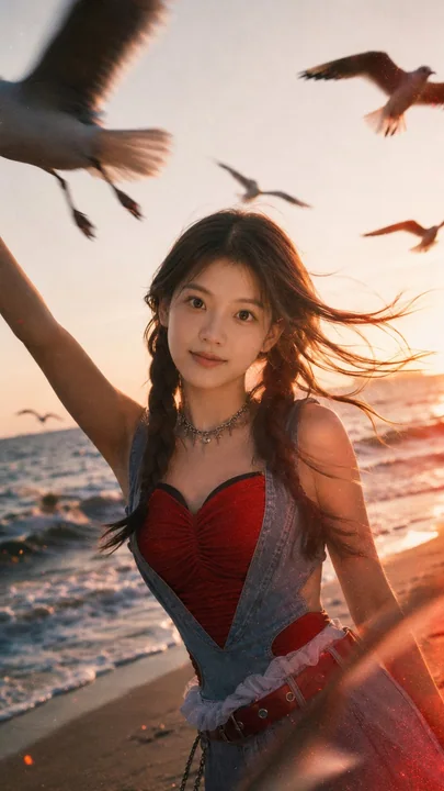 夕阳海边电影感写实人像
