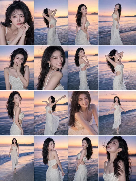 夕阳海滩东亚女性人像十六宫格