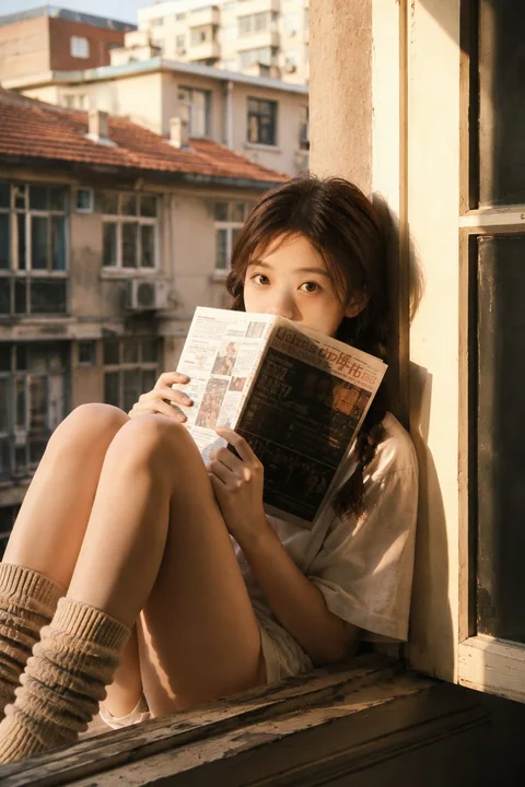 Nostalgic window-side portrait with a newspaper covering the face, in warm-toned film style