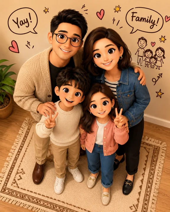 Premium 3D animation style warm family full-body portrait