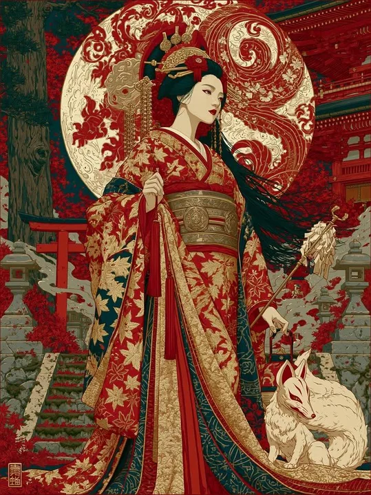 浮世绘风格的红金和服女子与九尾狐