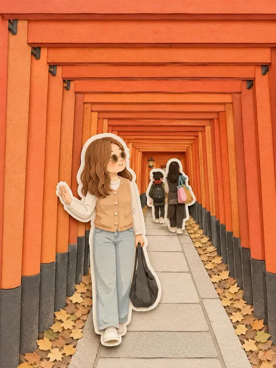 京都鳥居穿行動漫少女紙雕風