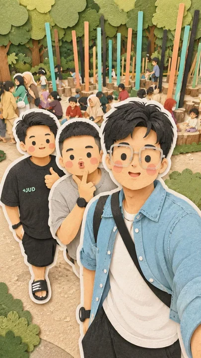 可爱家庭旅行手工剪纸拼贴插画