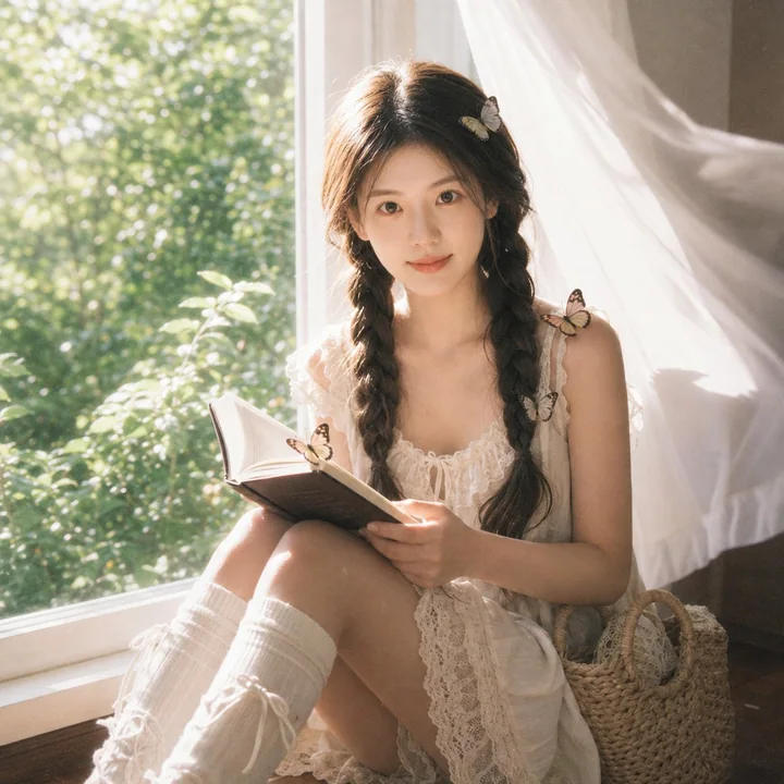A girl reading by a sunny window with butterflies, dreamy film-like aesthetic