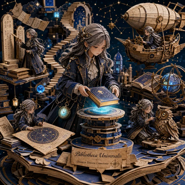 漂浮宇宙图书馆奇幻蒸汽朋克纸雕