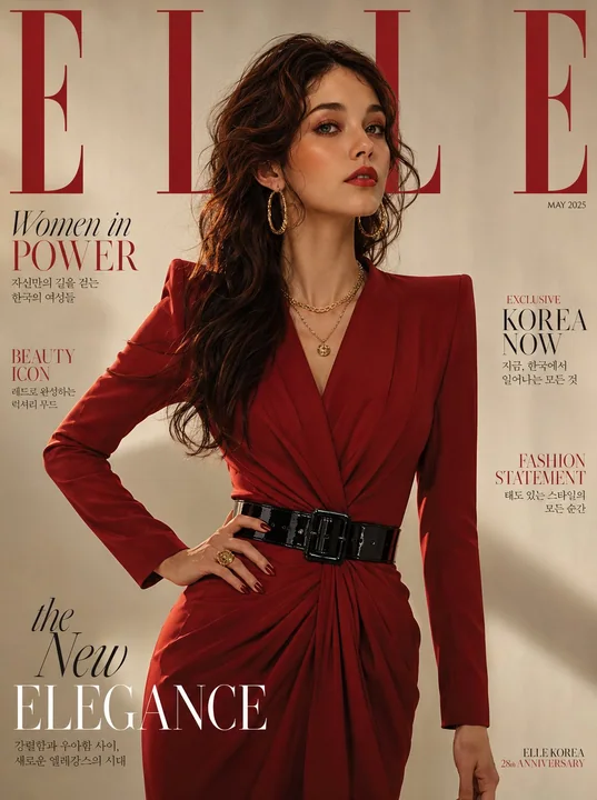 Red skirt confident Korean woman luxury magazine cover image