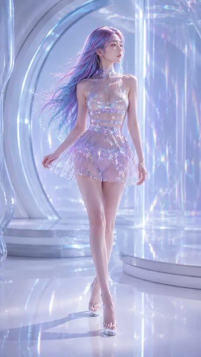 Portrait de mode futuriste d’une femme orientale aux cheveux couleur laser