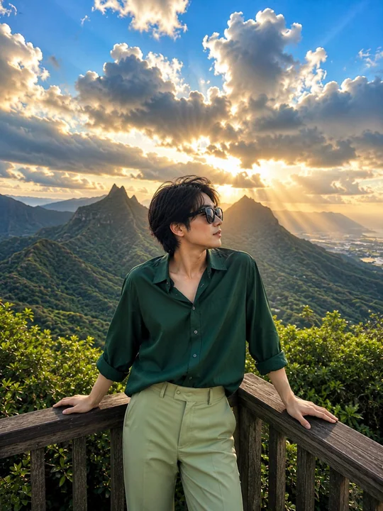 Elegant Japanese woman at a mountain viewing platform, cinematic travel portrait