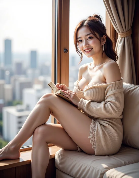 An elegant woman by the window, with a relaxed urban street-scene atmosphere.