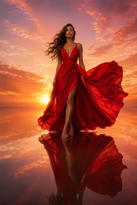 Robe longue luxueuse rouge foncé, coucher de soleil sur l’eau, éditorial de mode ultra-réaliste
