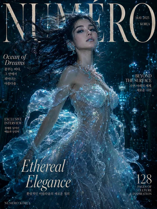 Hyper-realistic fantasy magazine cover, Korean woman in a jellyfish gown