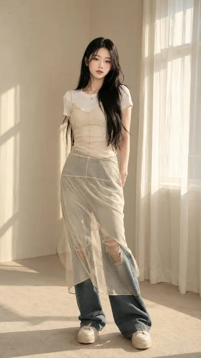 Minimalist sunroom, Korean magazine-style fashion portrait