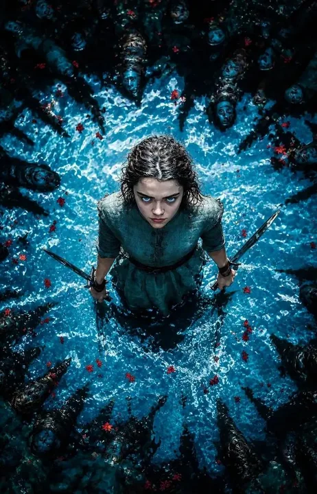 Dark fantasy, top-down view of a resolute female warrior in the water