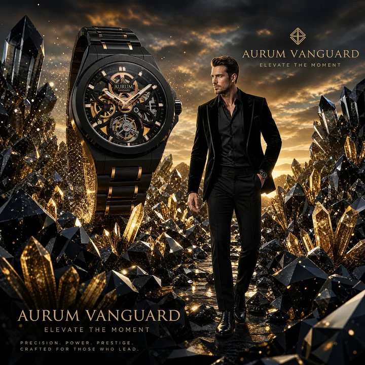 Publicité pour une montre de luxe, diamant noir, cristal doré et paysage géomorphologique