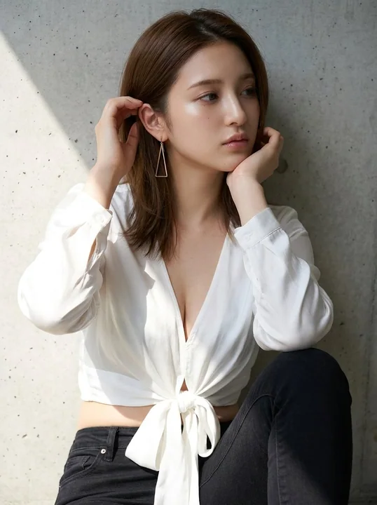 白いシャツと黒いジーンズを着たアジア系少女のクローズアップ