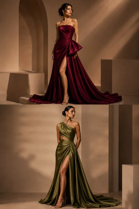 Luxury fashion editorial featuring two models in haute couture gowns