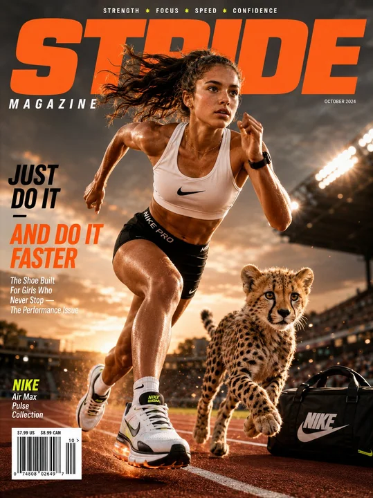 ナイキのスポーツ少女とチーターが同じ舞台で競い合うポスター