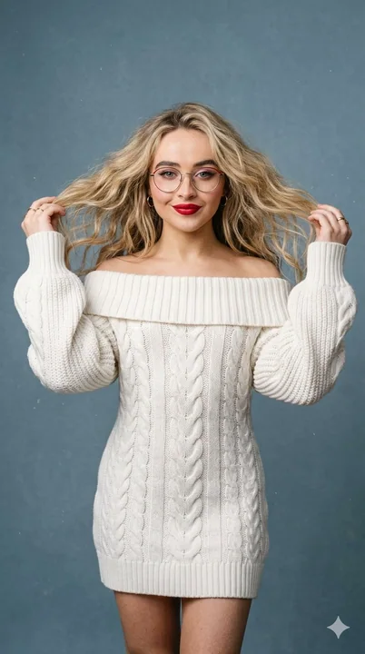 Portrait en studio élégant et tendance, robe en tricot blanche