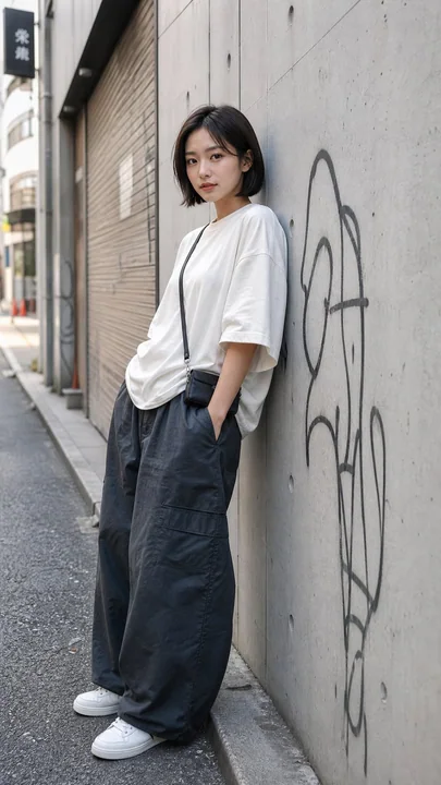 靠墙而立的短发日本女性写实人像
