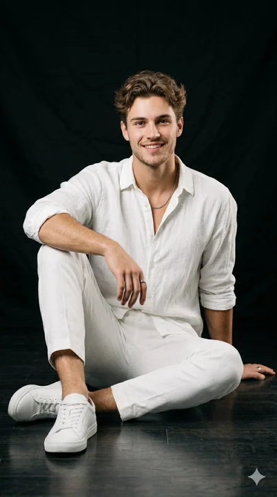 Portrait en studio d’un homme élégant portant une chemise blanche en lin