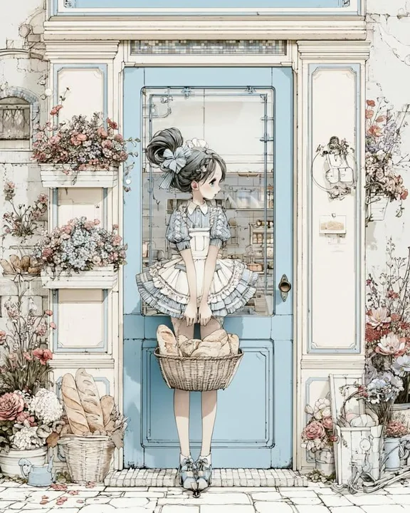 Illustration d'une jeune fille animée devant une boulangerie vintage élégante