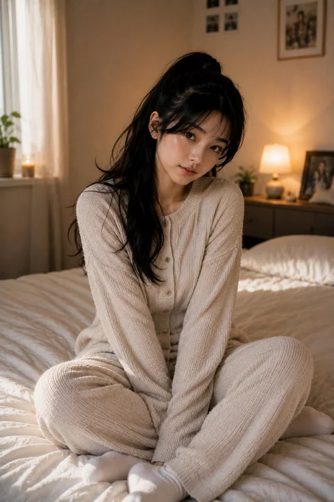卧室中的东亚温婉少女生活人像