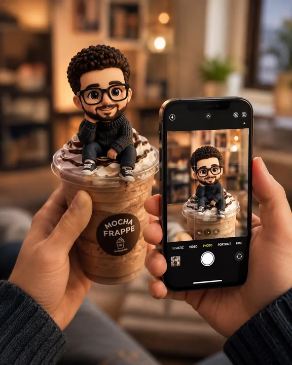 モカフラッペのカップに座っているちびキャラ風の男の子、3Dレンダリング