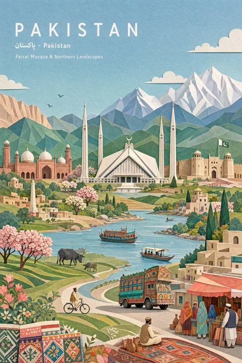 柔和粉彩纸拼贴风格的巴基斯坦风景插画