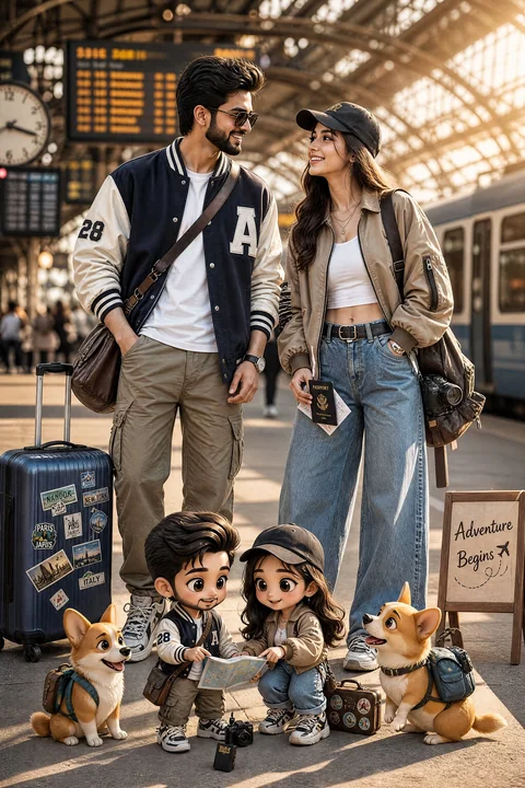 Couple mode fashion à la gare et compagnons en carton miniature