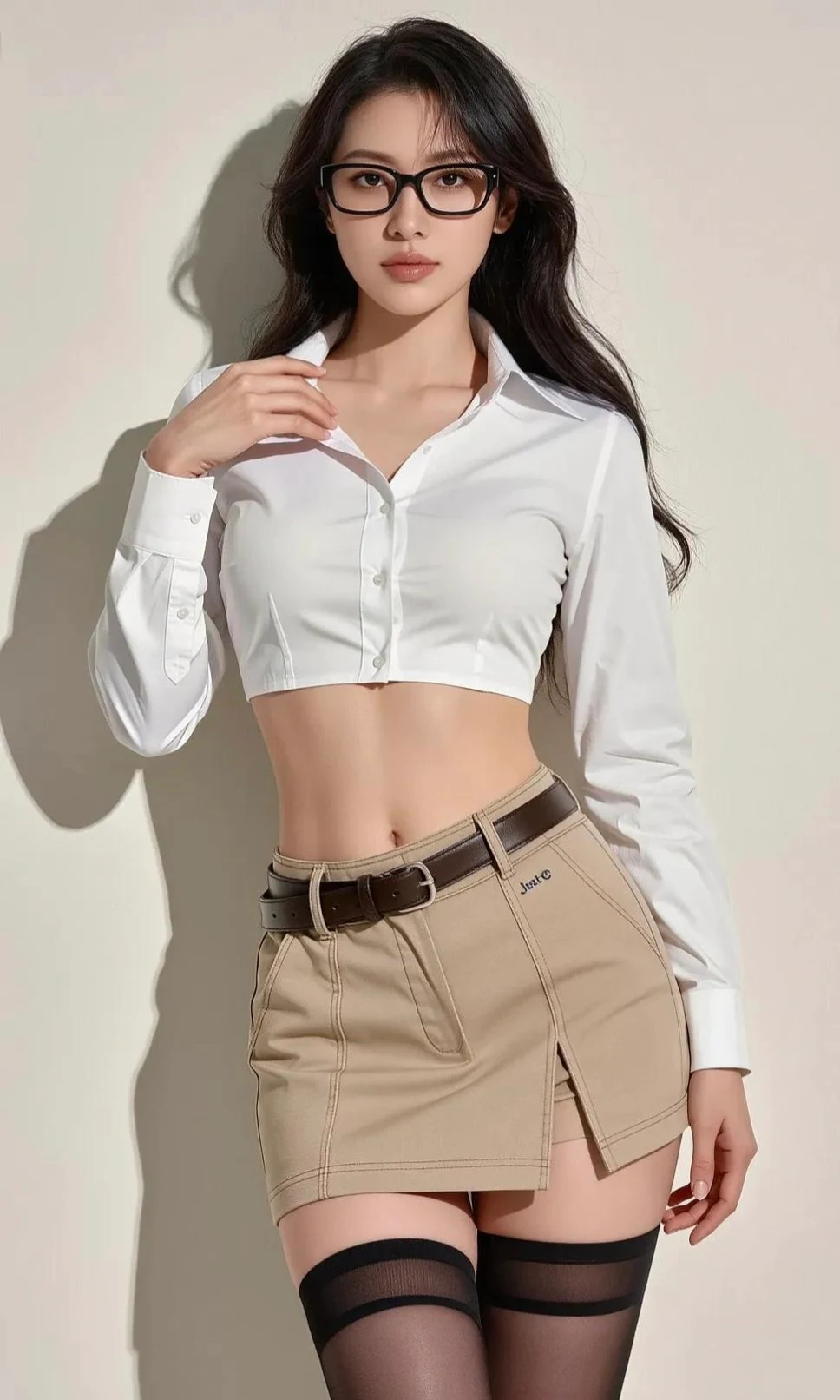 مجموعة صور لسيدة قوية ترتدي نظارات أنيقة بلون بيج