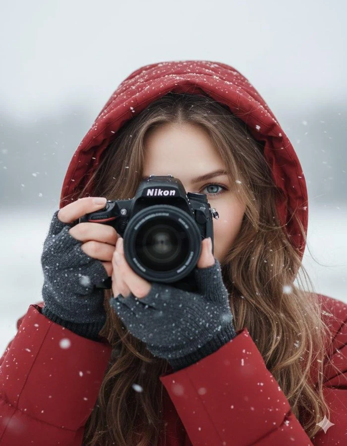 Film de jeune fille sous un rideau de neige et une lumière chaude
