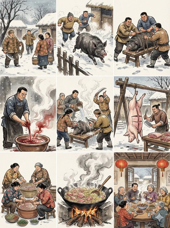 水墨九格杀年猪