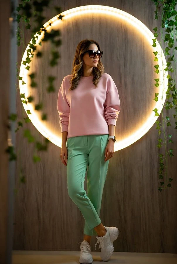 柔粉卫衣薄荷裤的时尚松弛感