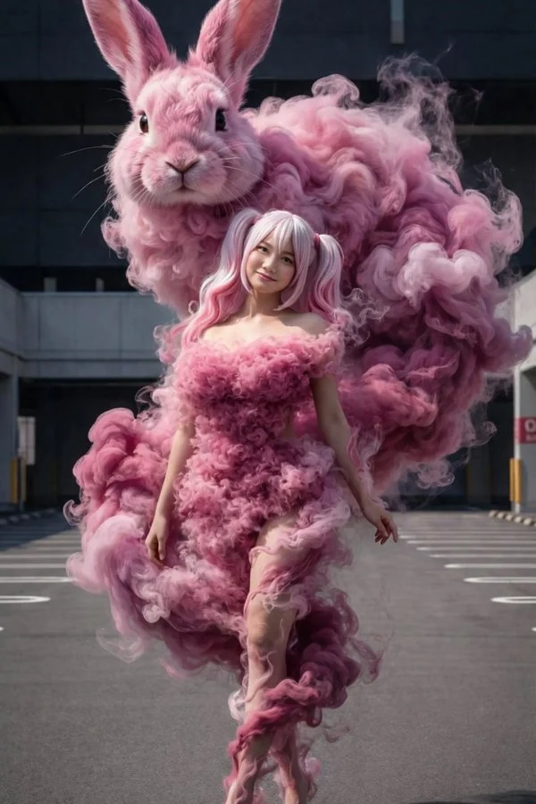 烟雾粉裙少女与巨兔