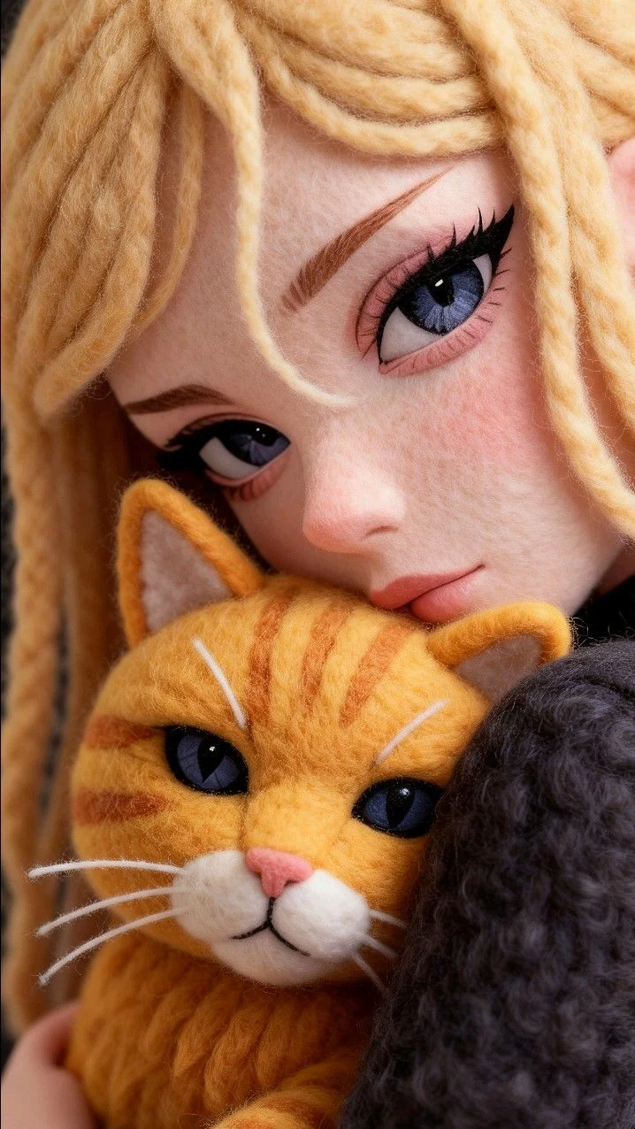 手工羊毛毡女孩与猫