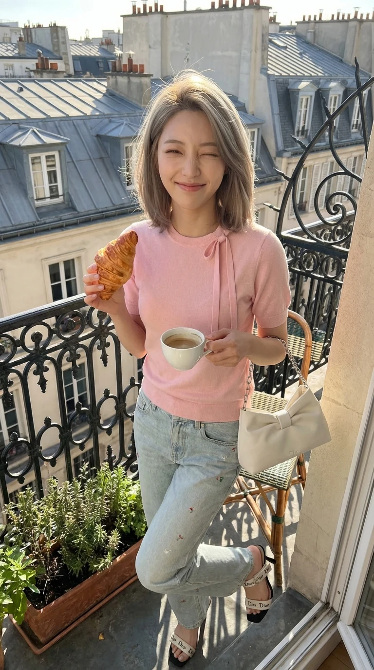 慵懒阳台女生羊角面包早餐