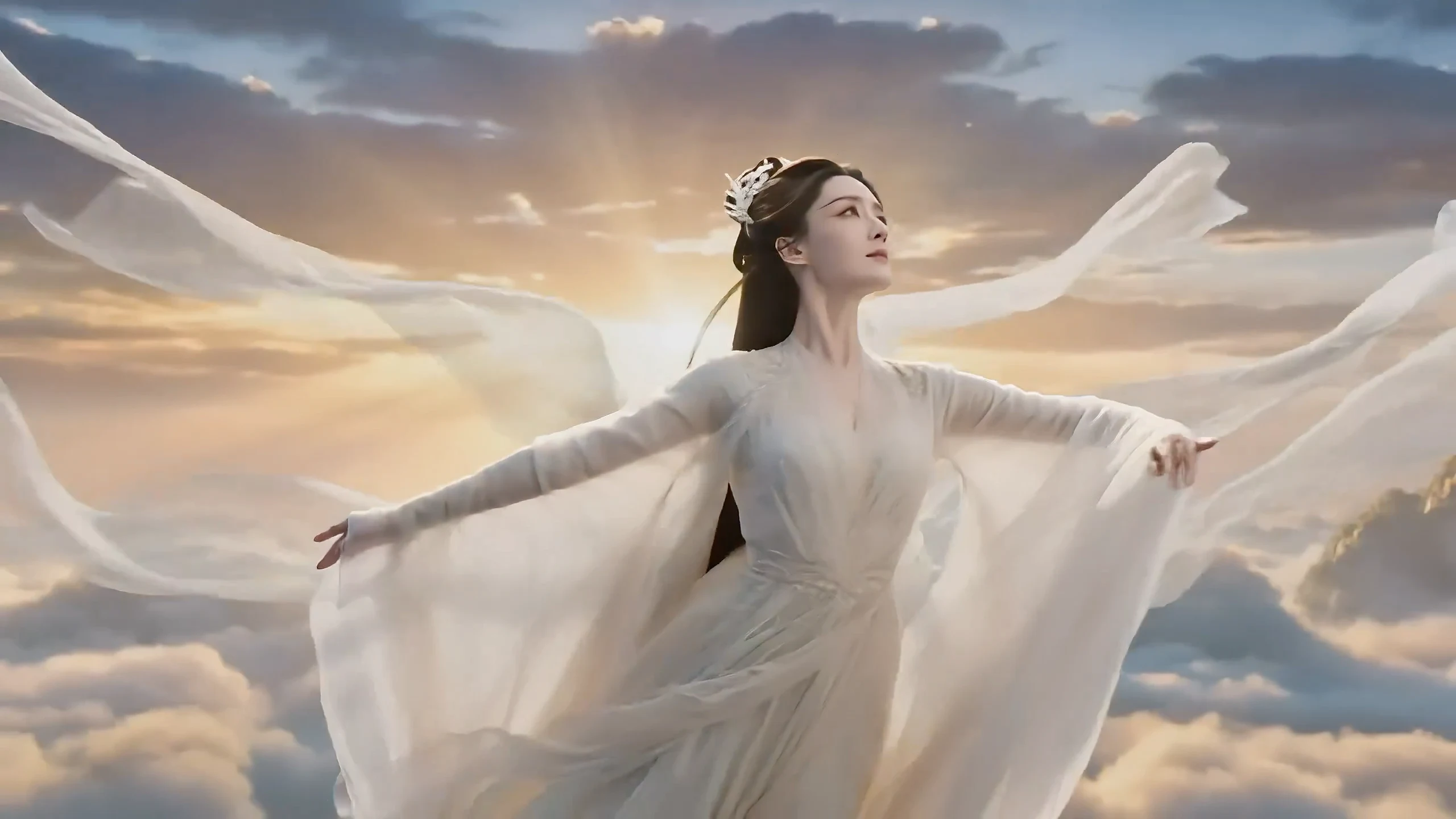 Небесная девушка в сказочном танце среди моря облаков, вспыхивающая, как лебедь.