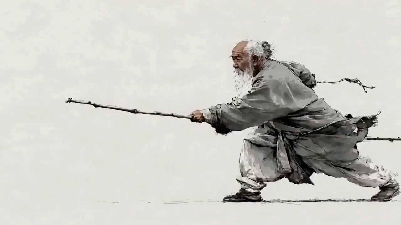 水墨の武俠老人が棒を振りながら、自由奔放な馬の字を書く