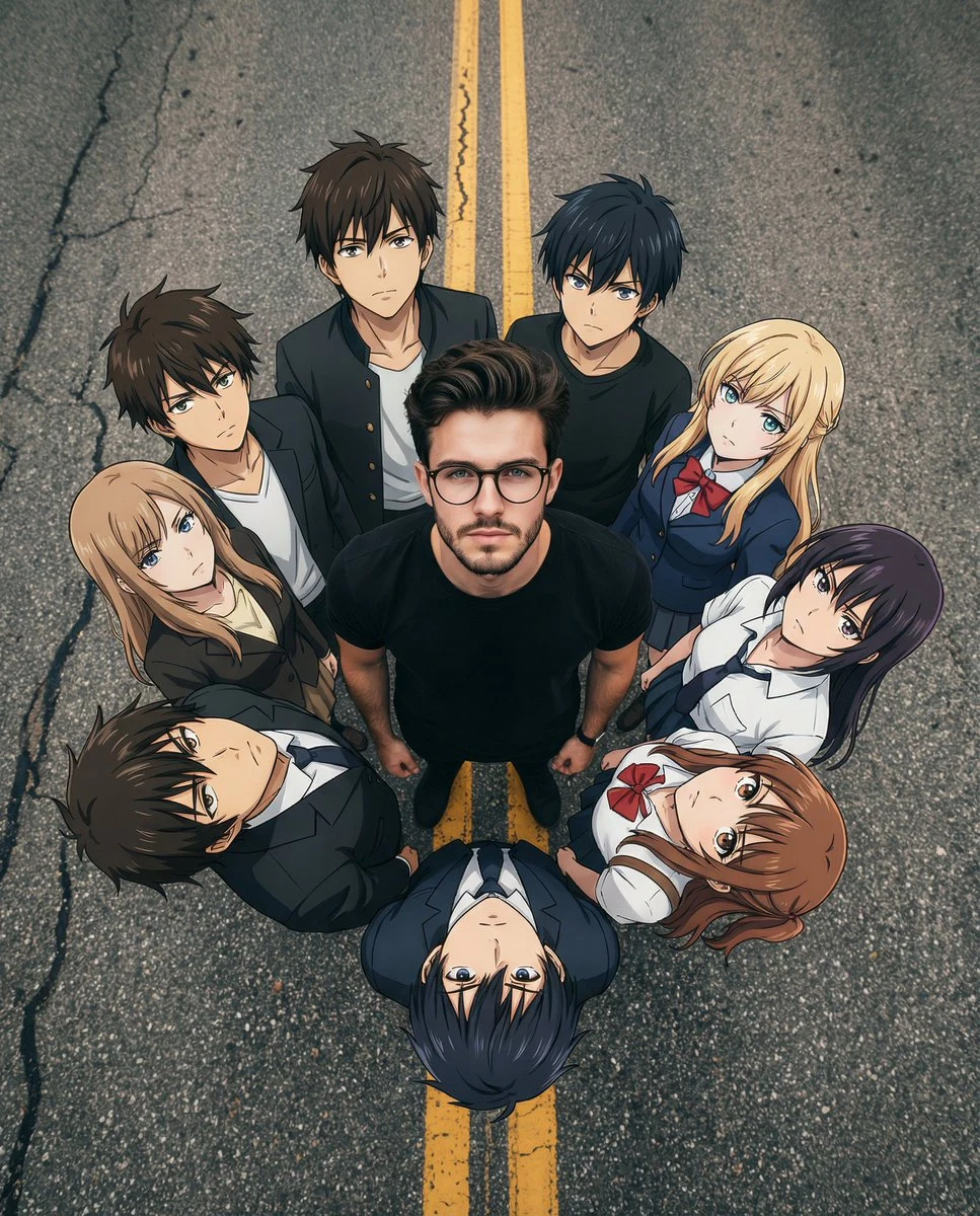 俯视镜头下的真人动漫混合群像