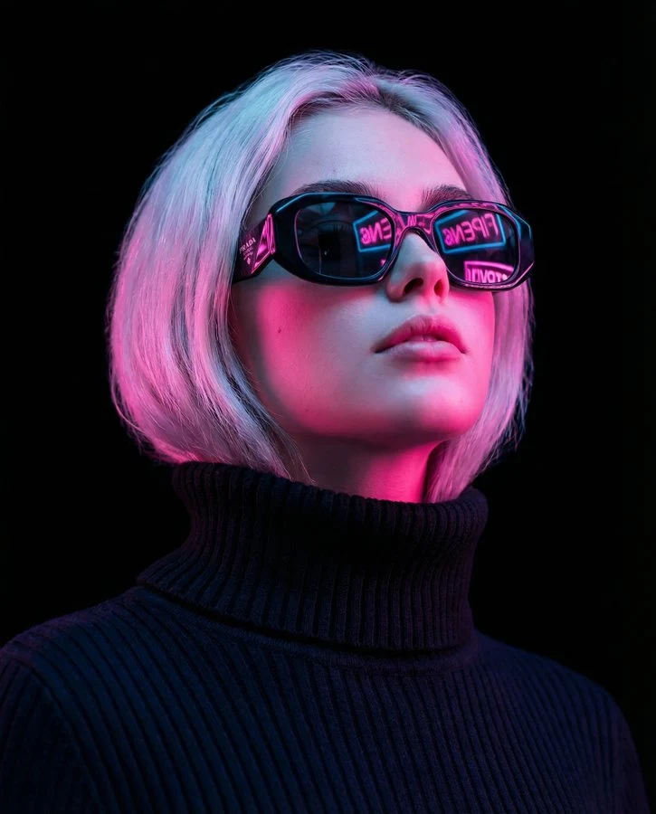サイバー・ネオンの光と影の下での高冷サングラス人物像