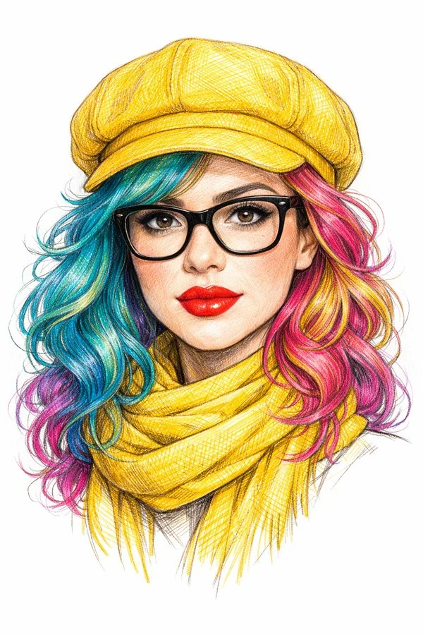 彩铅纹理时尚插画红唇少女