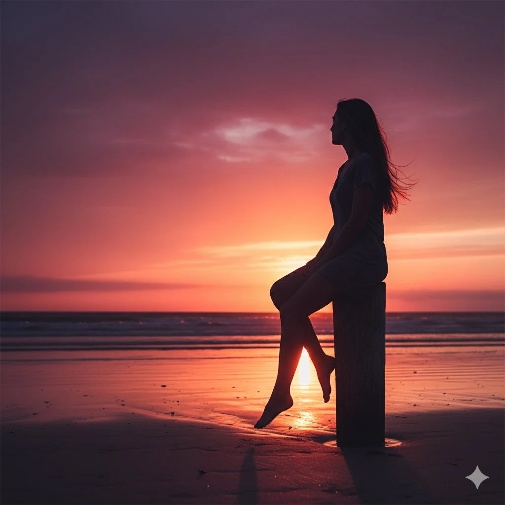 在绝美的夕阳下,海边女子的唯美剪影