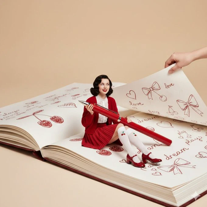 فتاة بثوب أحمر قديم في استوديو بسيط خلال لحظة اتصال