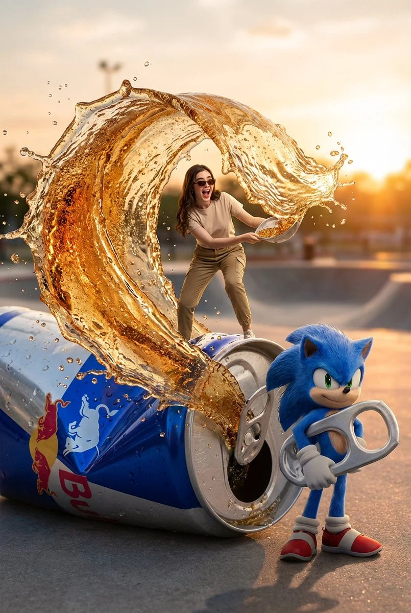 L'aventure fantastique de Sonic et d'un homme à côté d'une canette géante de Red Bull